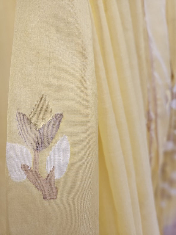 Lemon Yellow Handwoven Muslin Silk Jamdani Saree Balaram Saha