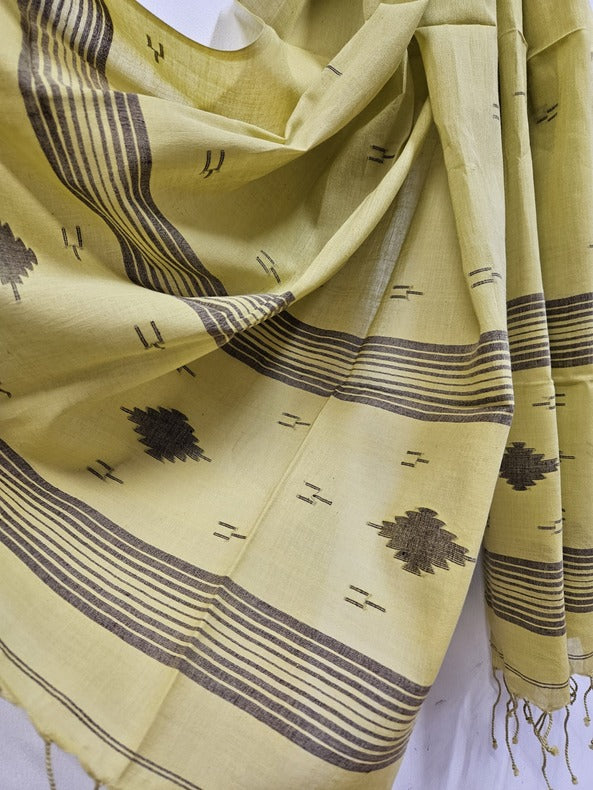 Lemon & Black Handspun Handwoven Cotton Jamdani Stole Balaram Saha