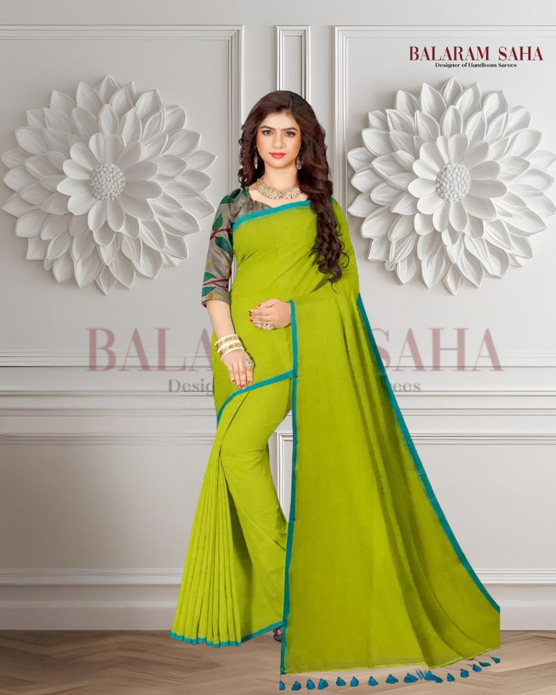 Lemon & Blue Soft Handloom Mull Cotton Saree With Small Blue Contrast Border Pom pom Attache Aanchal NO/BP