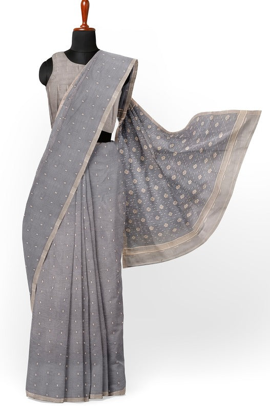 Blue - Handloom Cotton Phulia Jamdani Saree with Tassels 06