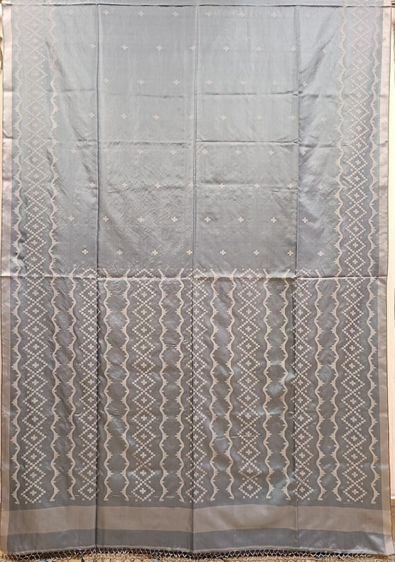 Light Blue & White Handloom Katan Silk Handwoven Jamdani Saree - Balaram Saha  - (handloom saree, handloom sarees, jamdani saree, silk saree, handloom silk saree, balaram saha online, silk sarees, silk handloom saree, bengal handloom sarees, pure silk, silk saree online, bengali silk saree, katan silk)