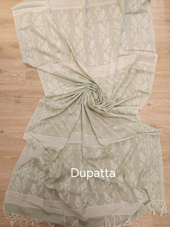 Light Green Cotton Jamdani 2 Piece Unstitch Set: Fresh & Floral by Balaram Saha - (balaram saha online, Handloom Dupatta, Handwoven Jamdani, Handspun Cotton, jamdani dupatta, balaram saha dupatta, cotton jamdani dupatta, jamdani dupatta online, dhakai jamdani dupatta, dupatta collection, dupatta)     https://www.cointernet.com.co/