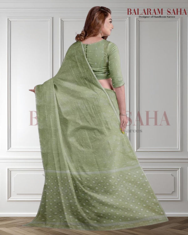 Light Green Handloom Traditional Cotton Jamdani Saree Balaram Saha