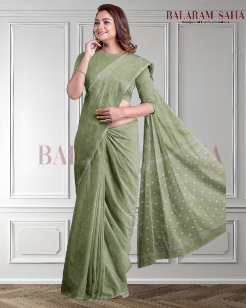 Light Green Handloom Traditional Cotton Jamdani Saree Balaram Saha
