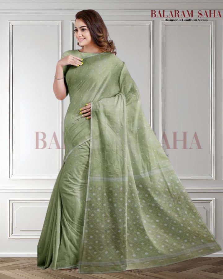 Light Green Handloom Traditional Cotton Jamdani Saree Balaram Saha