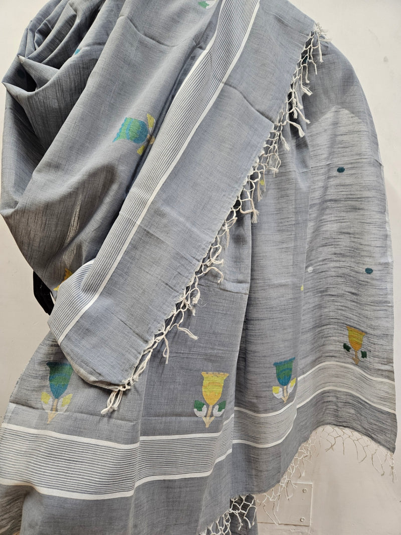 Light Grey Cotton Jamdani Unstitched Set from Balaram Saha - (balaram saha online, Handloom Dupatta, Handwoven Jamdani, Handspun Cotton, jamdani dupatta, balaram saha dupatta, cotton jamdani dupatta, jamdani dupatta online, dhakai jamdani dupatta, dupatta collection, dupatta)   https://wordpress.com/