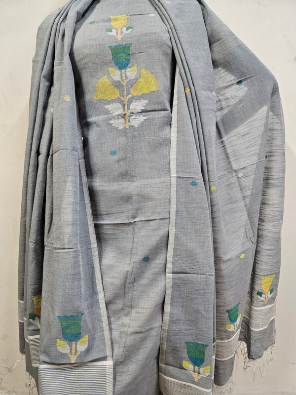 Light Grey Cotton Jamdani Unstitched Set from Balaram Saha - (balaram saha online, Handloom Dupatta, Handwoven Jamdani, Handspun Cotton, jamdani dupatta, balaram saha dupatta, cotton jamdani dupatta, jamdani dupatta online, dhakai jamdani dupatta, dupatta collection, dupatta)   https://x.com/