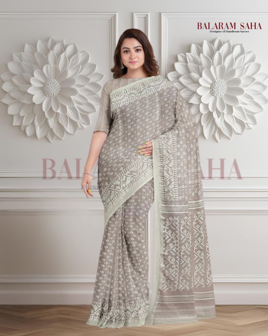 Light Rose Brown & White, soft handloom cotton/Resham dhakai saree Balaram Saha