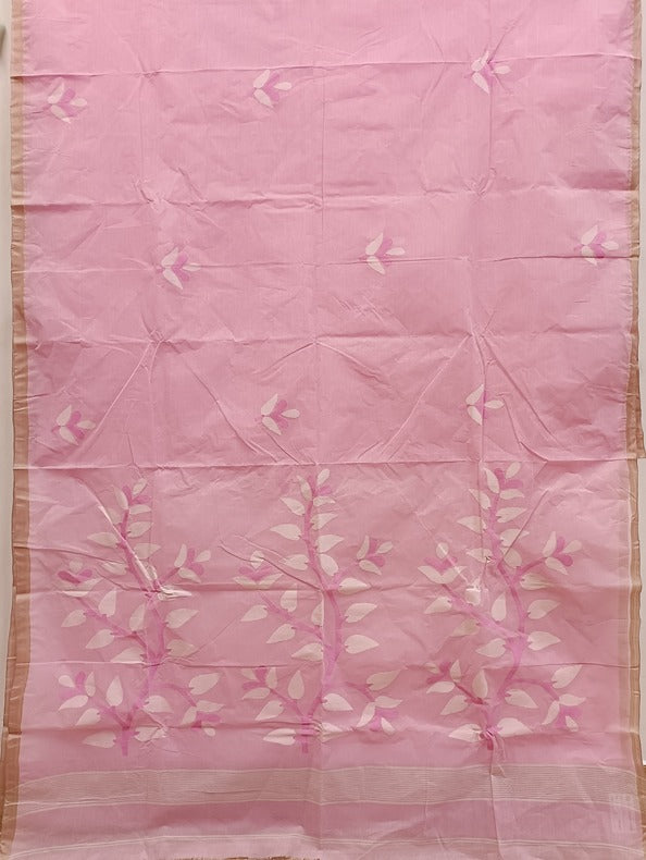 Light Pink Handloom Handwoven Cotton Jamdani Saree by Balaram Saha - (cotton saree, handloom cotton saree, balaram saha online, handloom sarees, cotton handloom saree, bengal handloom sarees, pure cotton, cotton saree for women, cotton saree online)