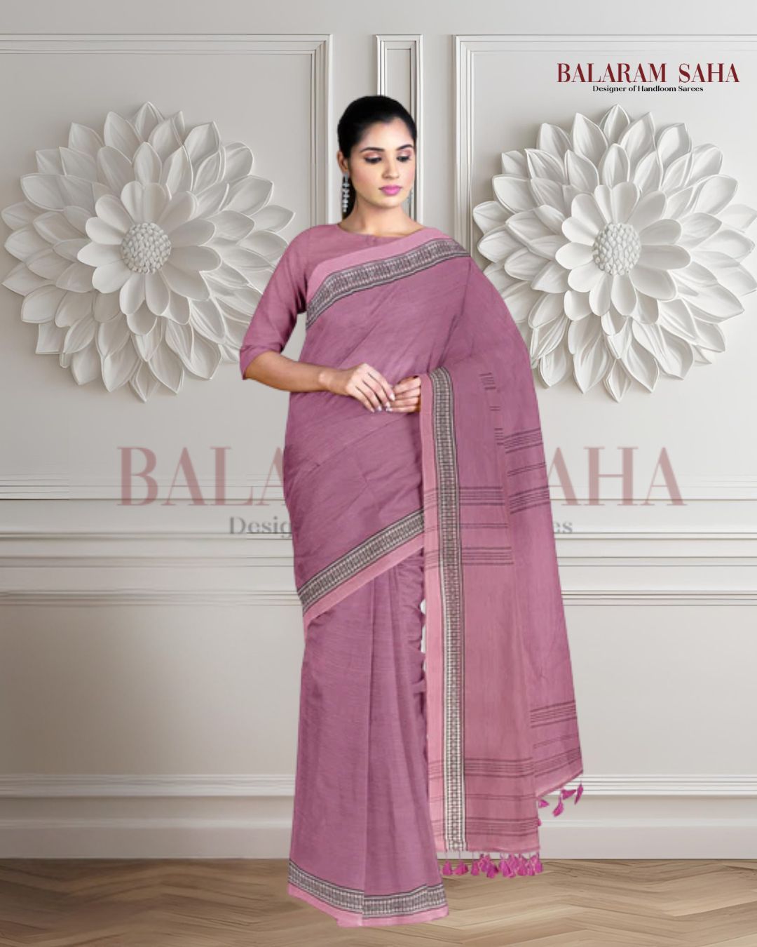 Lilac Pink, Soft Handloom Cotton Plain Saree Balaram Saha
