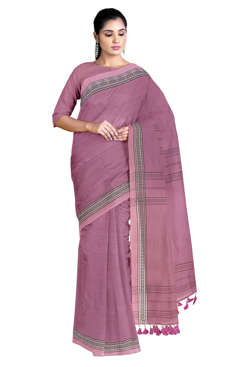 Lilac Pink, Soft Handloom Cotton Plain Saree Balaram Saha