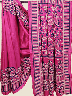 Magenta | Luxurious Pure Silk Saree Featuring Hand Embroidery Kanth Stitch Balaram Saha