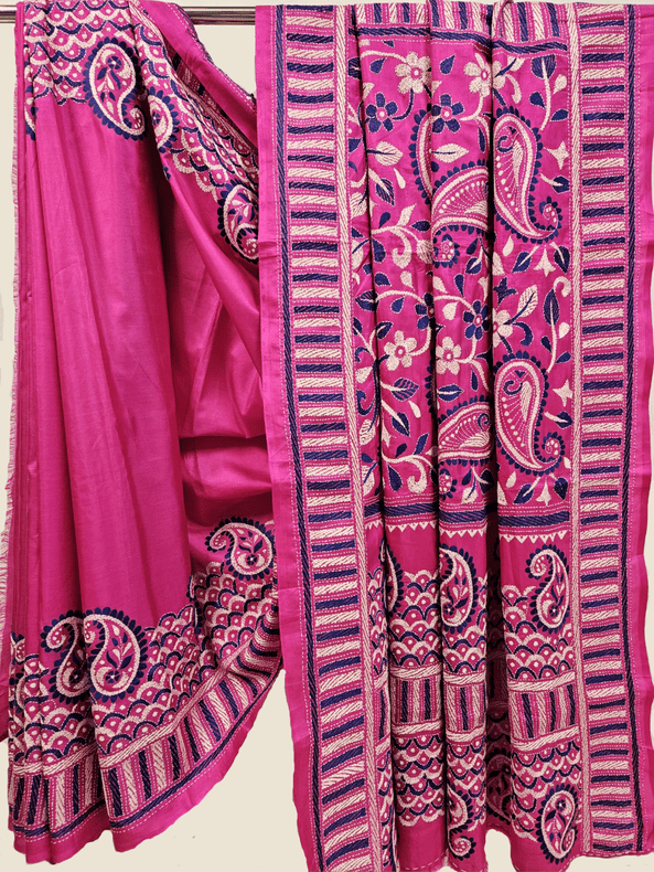 Magenta | Luxurious Pure Silk Saree Featuring Hand Embroidery Kanth Stitch Balaram Saha