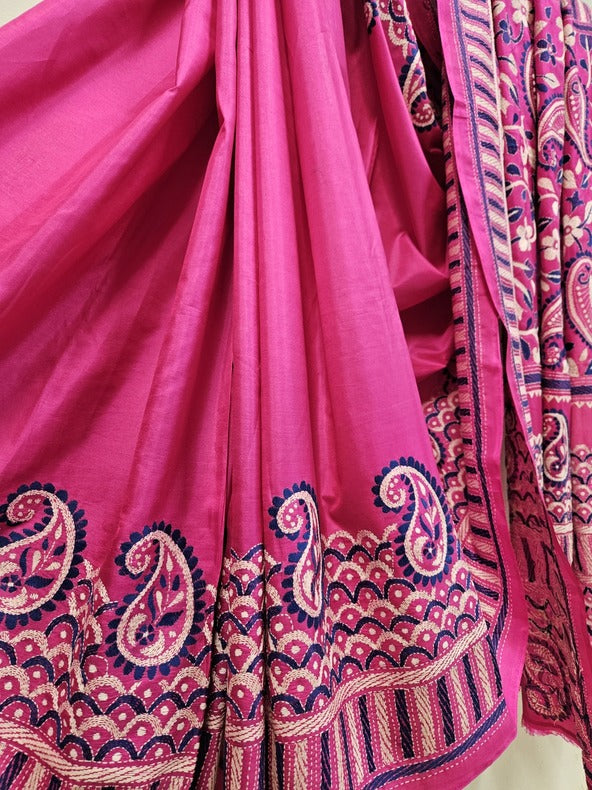 Magenta | Luxurious Pure Silk Saree Featuring Hand Embroidery Kanth Stitch Balaram Saha