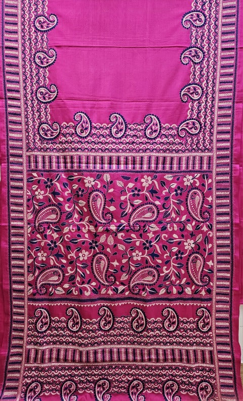 Magenta | Luxurious Pure Silk Saree Featuring Hand Embroidery Kanth Stitch Balaram Saha