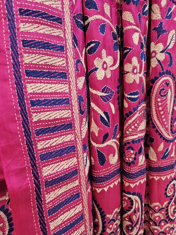 Magenta | Luxurious Pure Silk Saree Featuring Hand Embroidery Kanth Stitch Balaram Saha