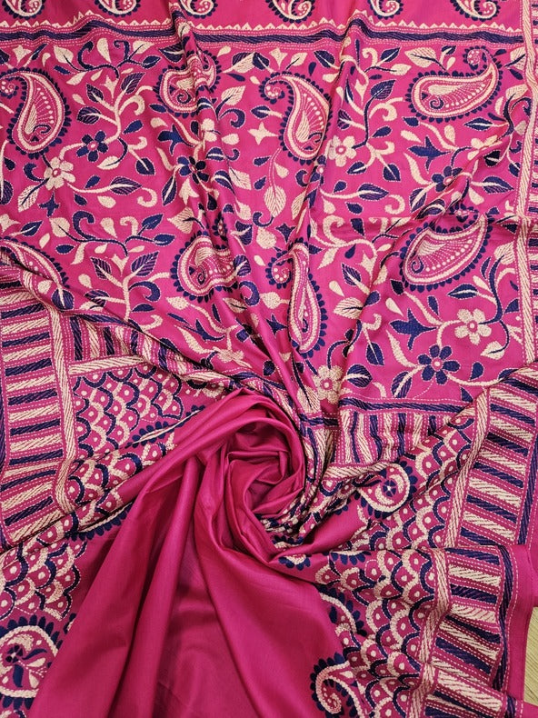 Magenta | Luxurious Pure Silk Saree Featuring Hand Embroidery Kanth Stitch Balaram Saha