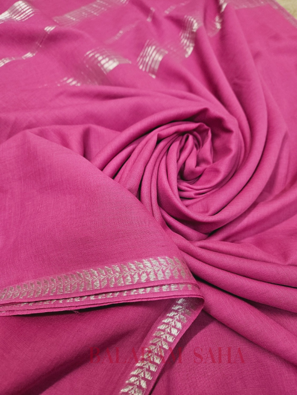 Magenta Best Quality Soft Handloom Mul Cotton Saree With Silver Border Balaram Saha