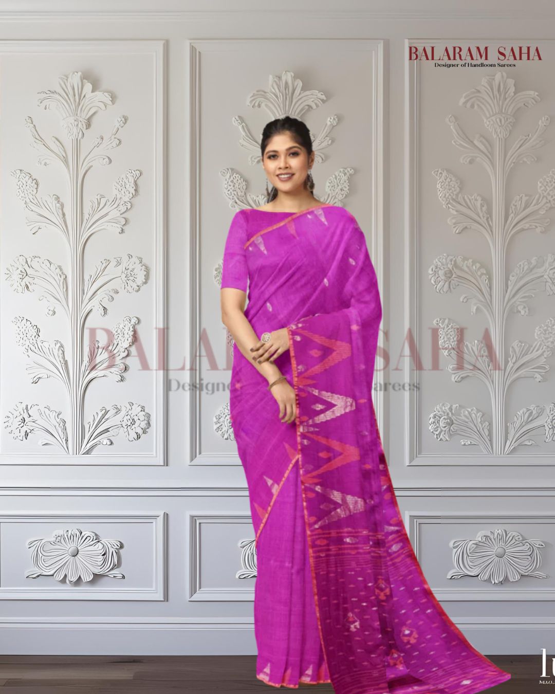 Magenta & Orange Hanwoven Tussar Silk Jamdani Saree Balaram Saha