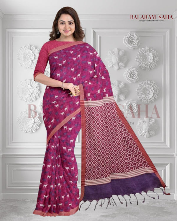 Magenta Premium Handloom Cotton Saree (Animals Print) - Crafted by Balaram Saha Balaram Saha