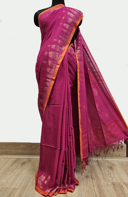 Magenta & Orange Handloom Premium Cotton Saree With Temple Border Balaram Saha