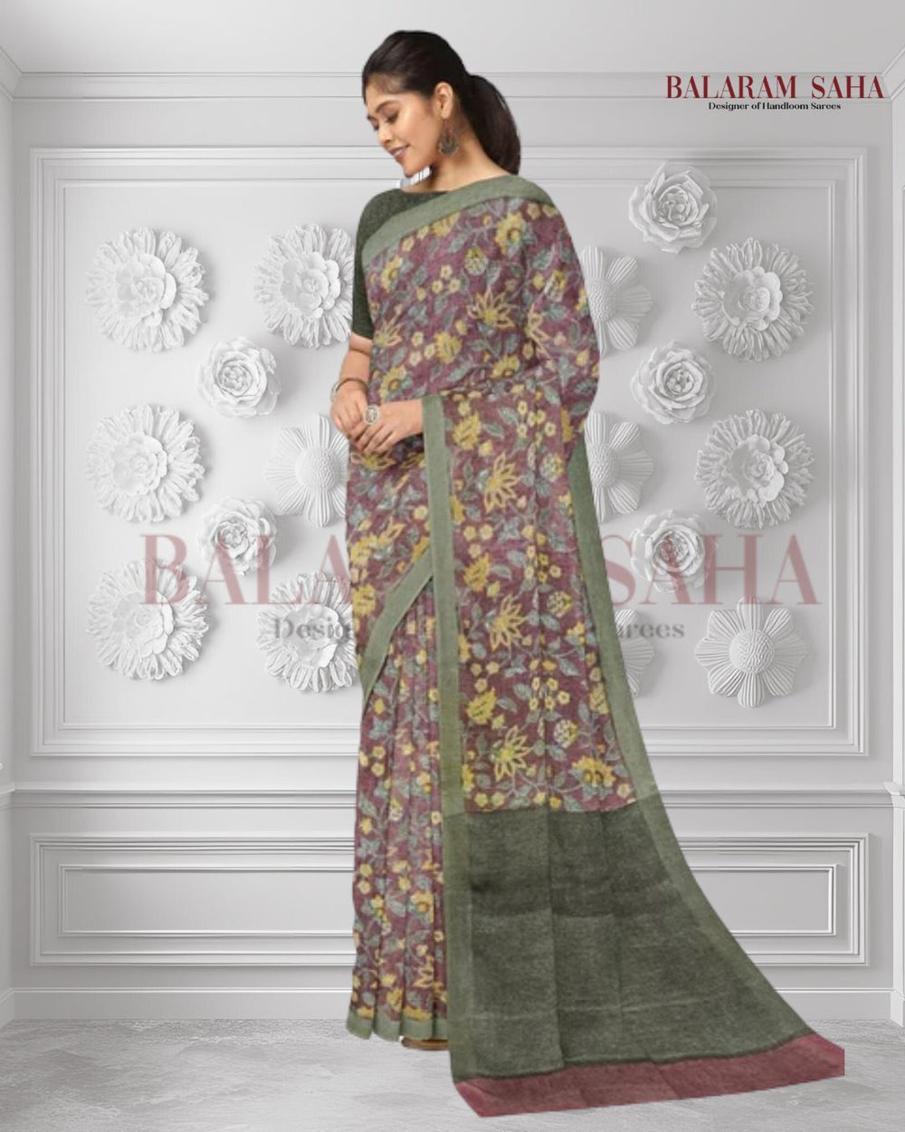 Maroon & Green Handloom Premium Linen Printed Saree Balaram Saha  https://www.ig.com.br/