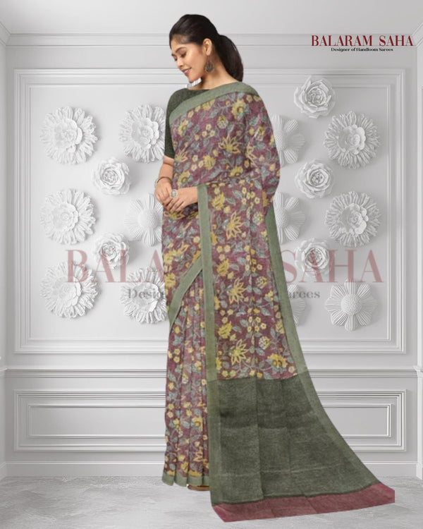 Maroon & Green Handloom Premium Linen Printed Saree Balaram Saha  https://www.ig.com.br/