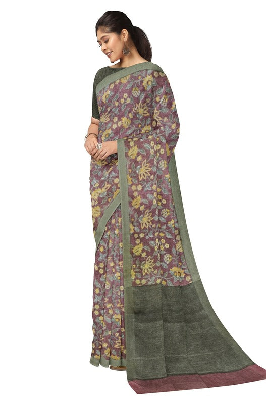 Maroon & Green Handloom Premium Linen Printed Saree Balaram Saha  https://www.ig.com.br/