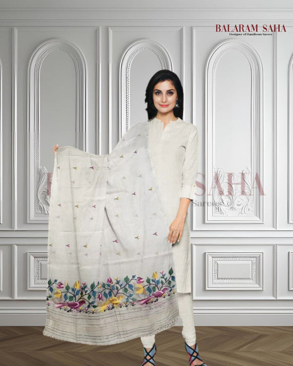 Multicolor Bird & Floral Jamdani Muslin Silk Dupatta by Balaram Saha Balaram Saha