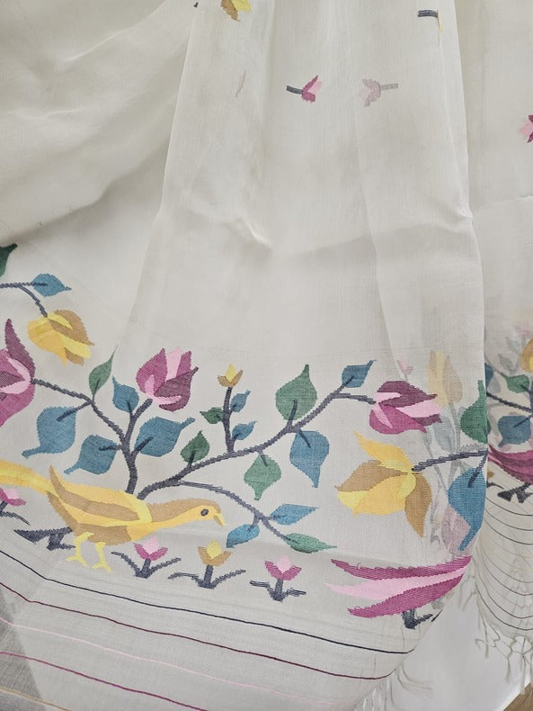 Multicolor Bird & Floral Jamdani Muslin Silk Dupatta by Balaram Saha - (balaram saha online, Handloom Dupatta, Handwoven Jamdani, Handspun Cotton, jamdani dupatta, balaram saha dupatta, cotton jamdani dupatta, jamdani dupatta online, dhakai jamdani dupatta, dupatta collection, dupatta, muslin silk)   https://www.twitch.tv/