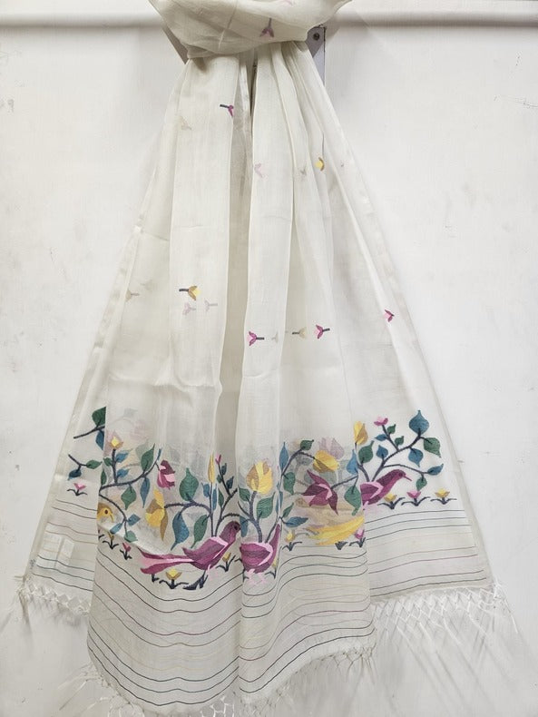 Multicolor Bird & Floral Jamdani Muslin Silk Dupatta by Balaram Saha - (balaram saha online, Handloom Dupatta, Handwoven Jamdani, Handspun Cotton, jamdani dupatta, balaram saha dupatta, cotton jamdani dupatta, jamdani dupatta online, dhakai jamdani dupatta, dupatta collection, dupatta, muslin silk)       https://www.unesco.org/en