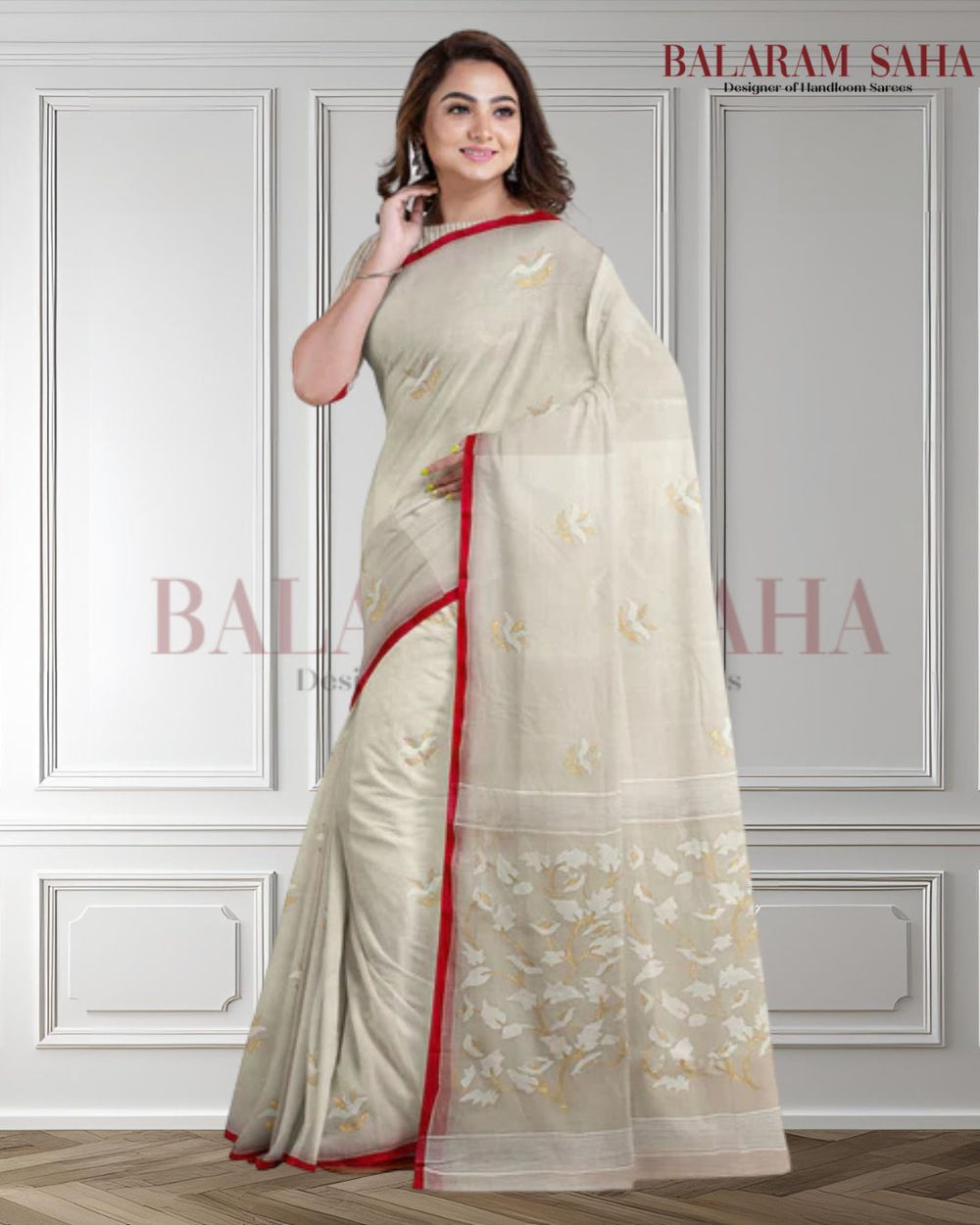 White & Red Handloom Muslin Silk handwoven Jamdani saree Balaram Saha