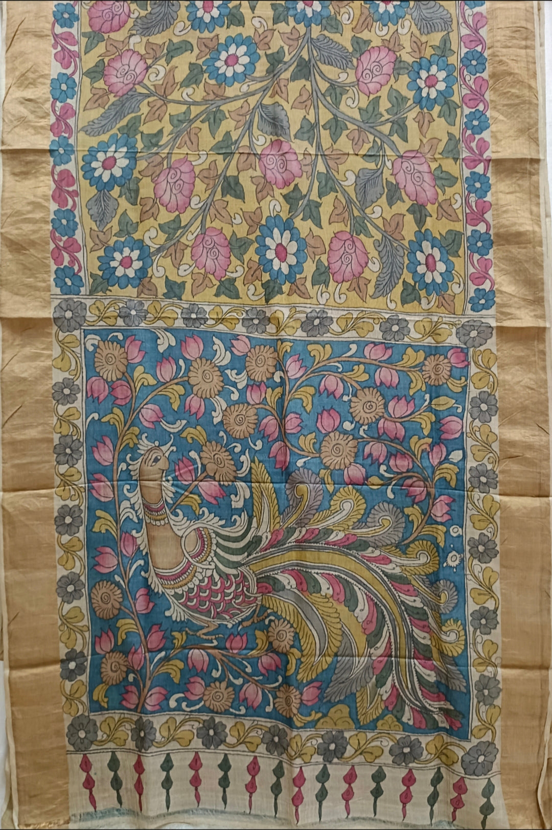 Mustard Yellow Tussar Silk With Zari Border & Multi colour hand painted Kalamkari saree Balaram Saha
