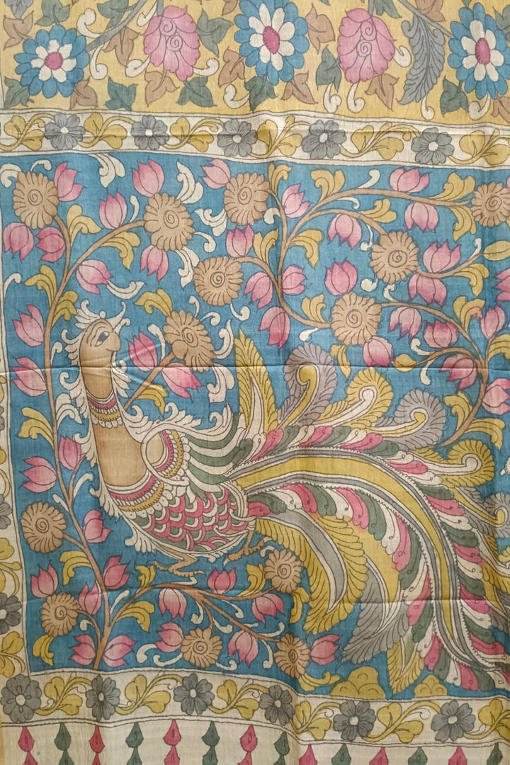Mustard Yellow Tussar Silk With Zari Border & Multi colour hand painted Kalamkari saree Balaram Saha