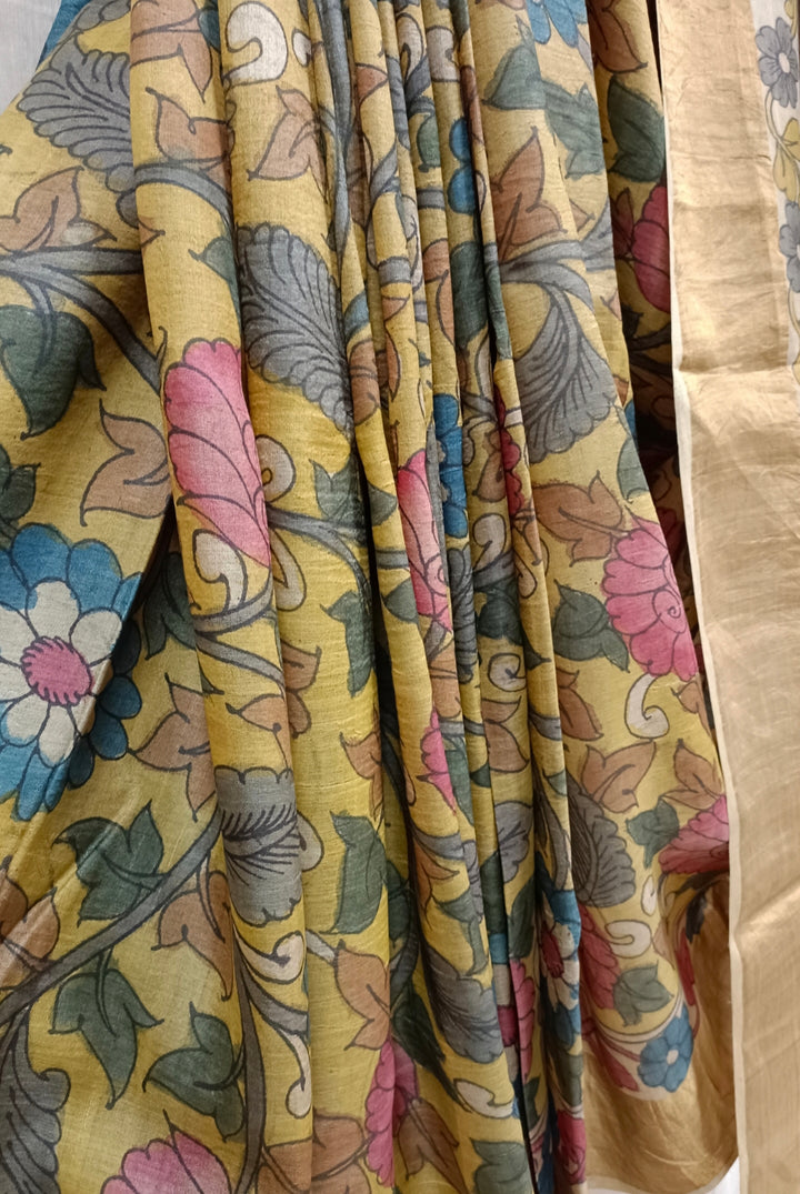 Mustard Yellow Tussar Silk With Zari Border & Multi colour hand painted Kalamkari saree Balaram Saha