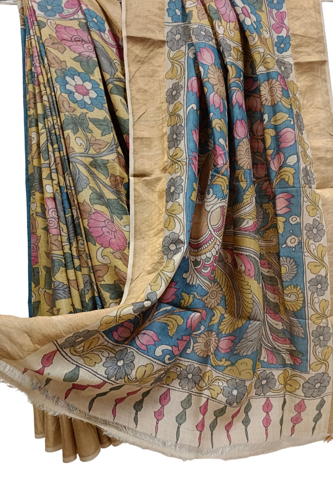 Mustard Yellow Tussar Silk With Zari Border & Multi colour hand painted Kalamkari saree Balaram Saha