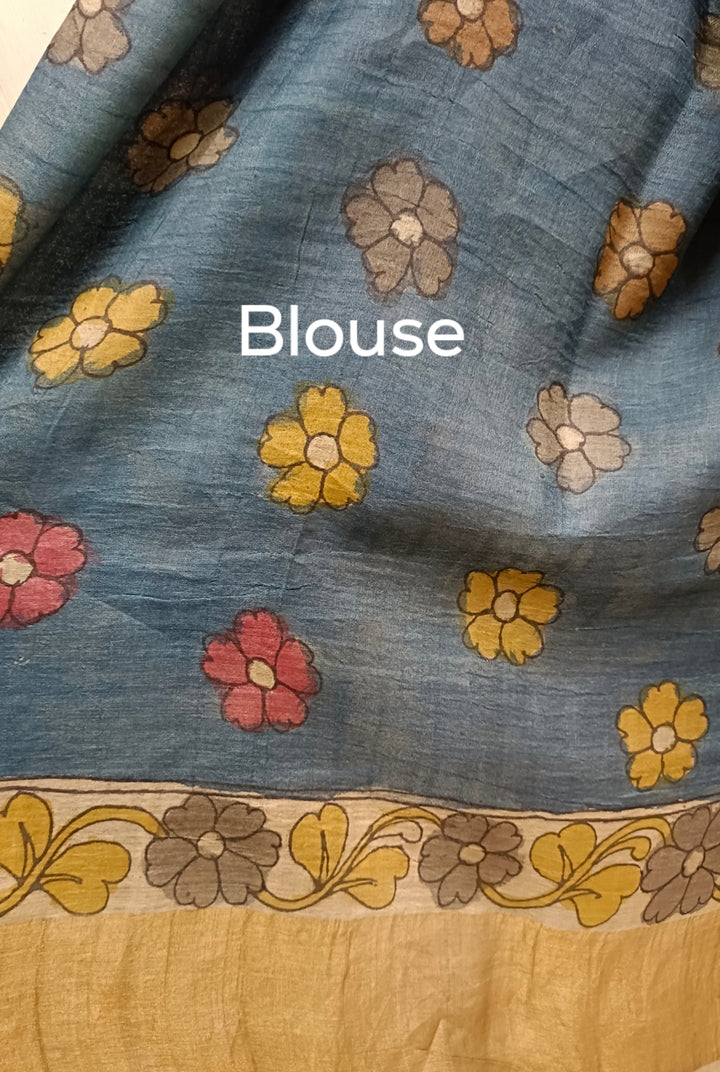 Mustard Yellow Tussar Silk With Zari Border & Multi colour hand painted Kalamkari saree Balaram Saha