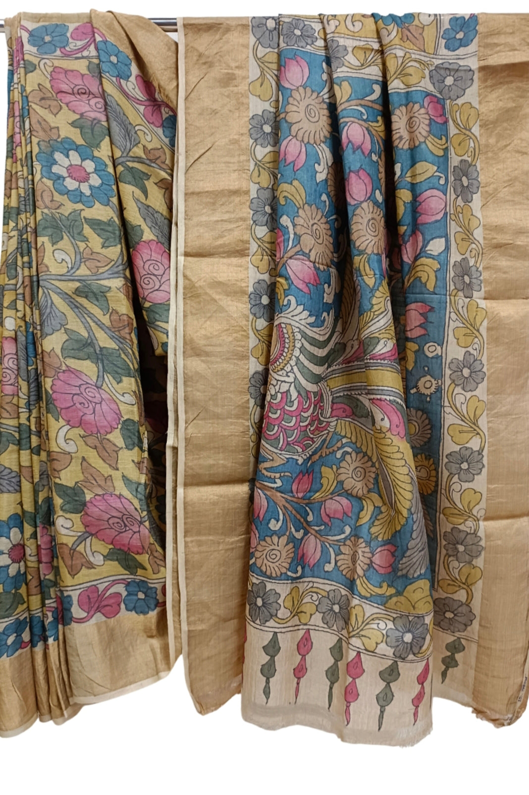 Mustard Yellow Tussar Silk With Zari Border & Multi colour hand painted Kalamkari saree Balaram Saha