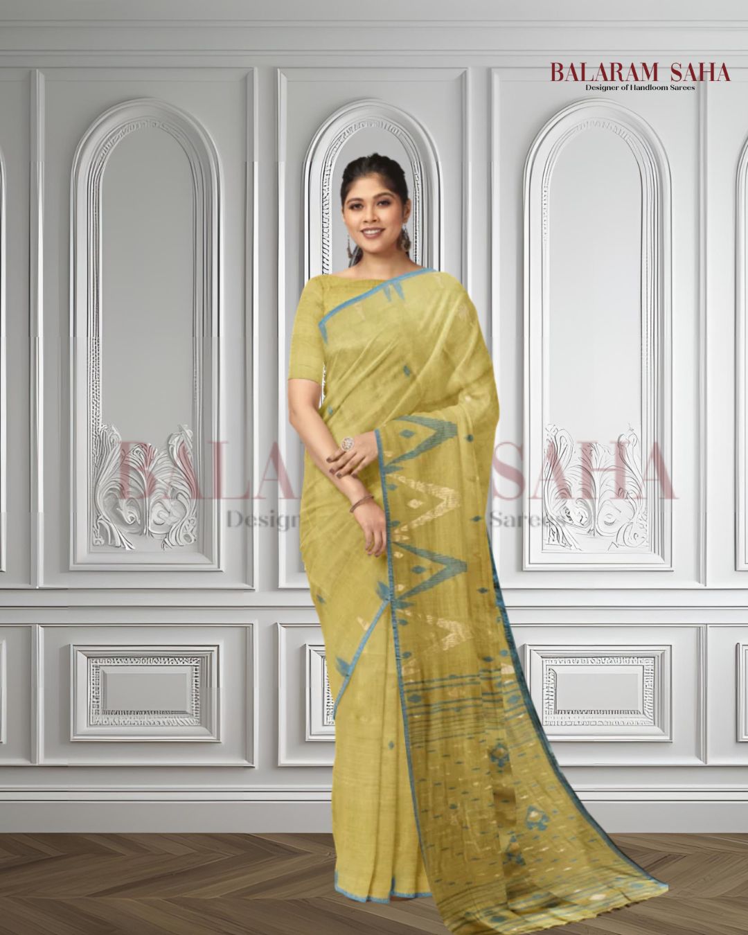Mustard Green & Blue Hanwoven Tussar Silk Jamdani Saree Balaram Saha