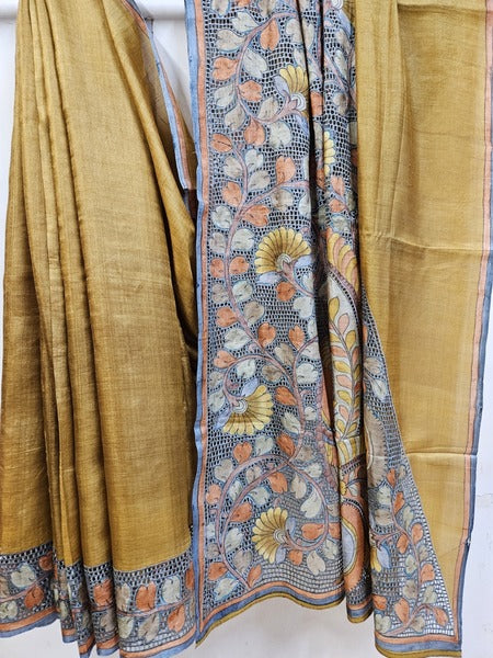 Mustard handloom Tussar Kalamkari Cutwork Saree (handloom saree, silk saree, handloom silk saree, balaram saha online, silk sarees, balaram saha handloom saree store photos, balaram saha handloom saree store, silk handloom saree, bengal handloom sarees, pure silk, kantha silk saree, tussar silk, tussar silk saree, silk saree online)