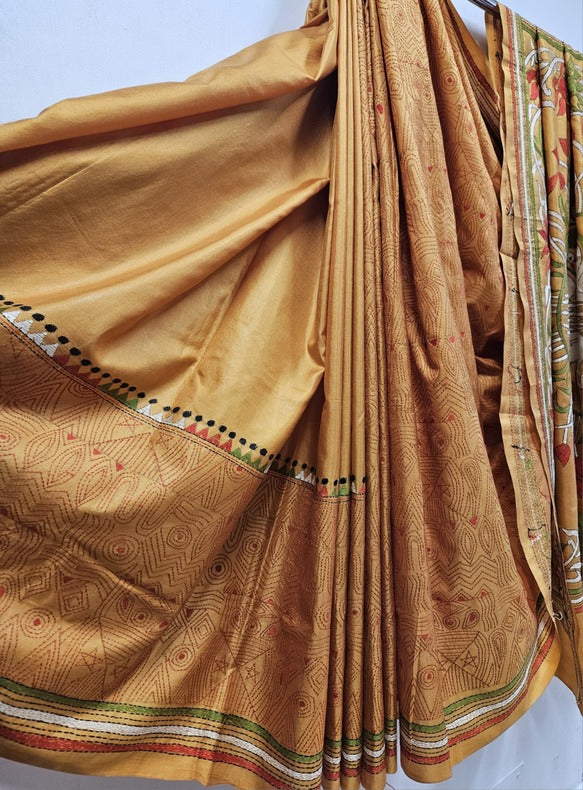 Royal Blue & White, pure silk kantha saree with floral design Balaram Saha