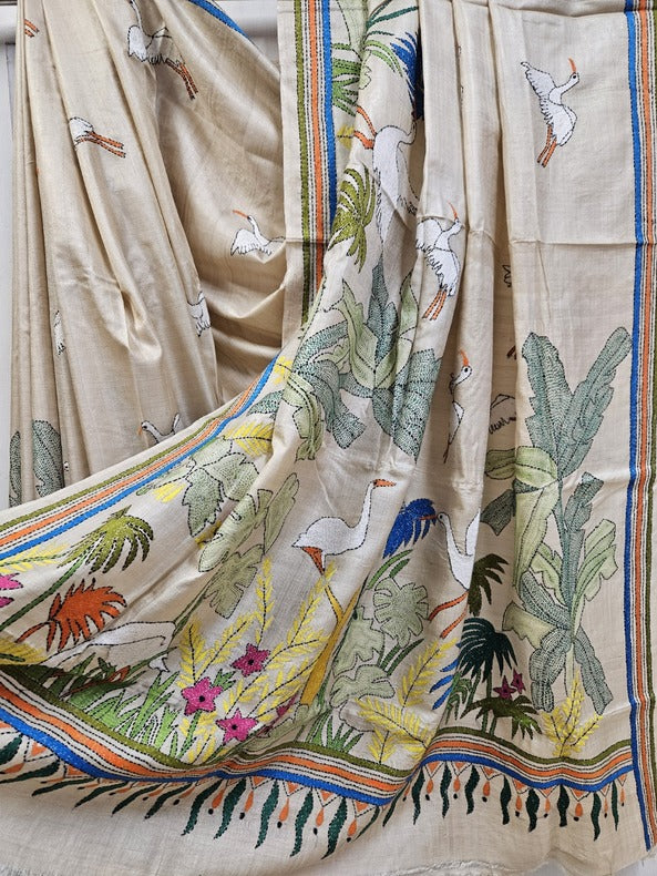 Natural Shade on Multicolor Handstitch Kantha Silk Saree by Balaram Sa