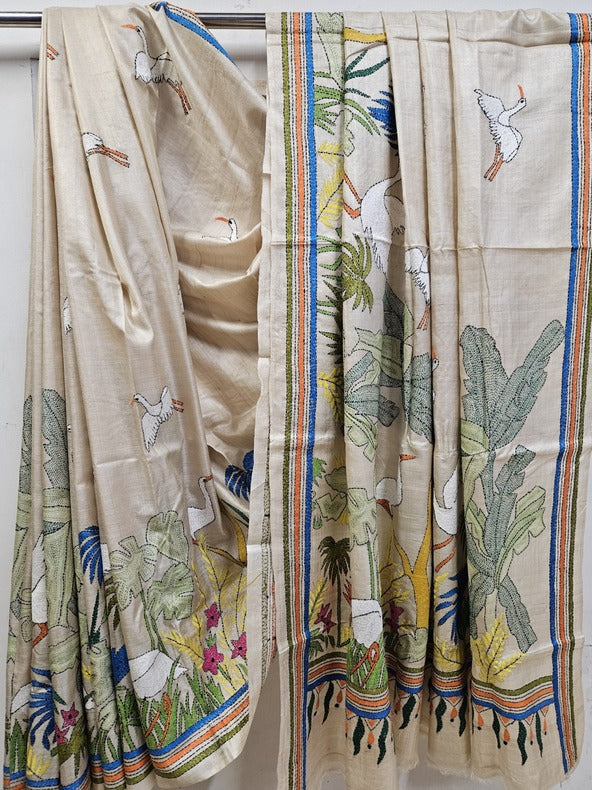 Natural Shade on Multicolor Handstitch Kantha Silk Saree by Balaram Sa
