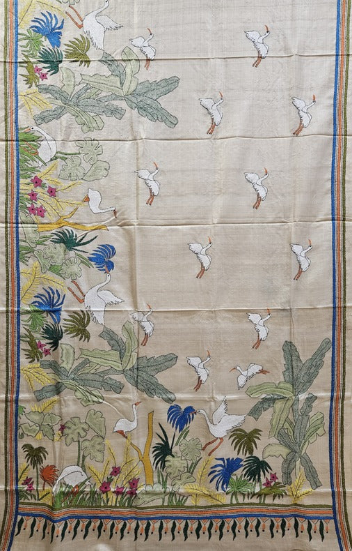 Natural Shade on Multicolor Handstitch Kantha Silk Saree by Balaram Sa