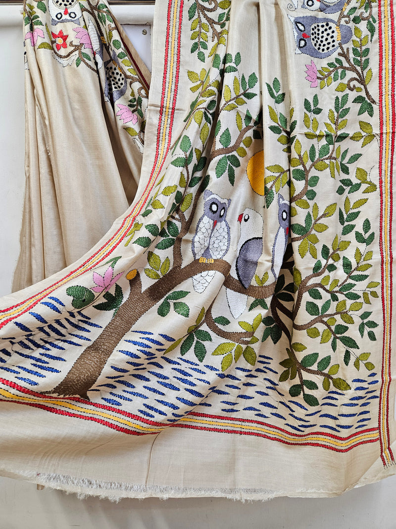 Nature's Artistry: Hand-Stitched Multicolor Owl on Kantha Tussar Silk Saree (handloom saree, silk saree, handloom silk saree, balaram saha online, silk sarees, balaram saha handloom saree store photos, balaram saha handloom saree store, silk handloom saree, bengal handloom sarees, pure silk, tussar silk saree, tussar silk)  https://wordpress.org/