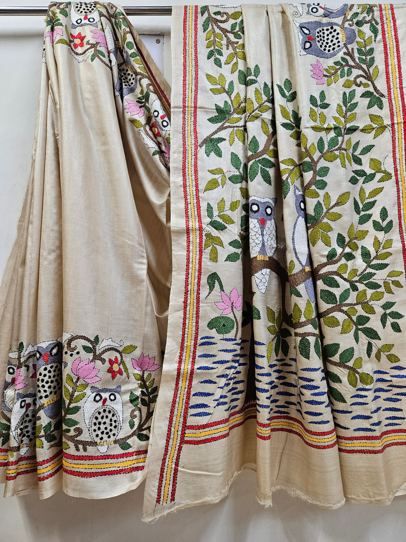 Nature's Artistry: Hand-Stitched Multicolor Owl on Kantha Tussar Silk Saree (handloom saree, silk saree, handloom silk saree, balaram saha online, silk sarees, balaram saha handloom saree store photos, balaram saha handloom saree store, silk handloom saree, bengal handloom sarees, pure silk, tussar silk saree, tussar silk)  https://www.blogger.com/