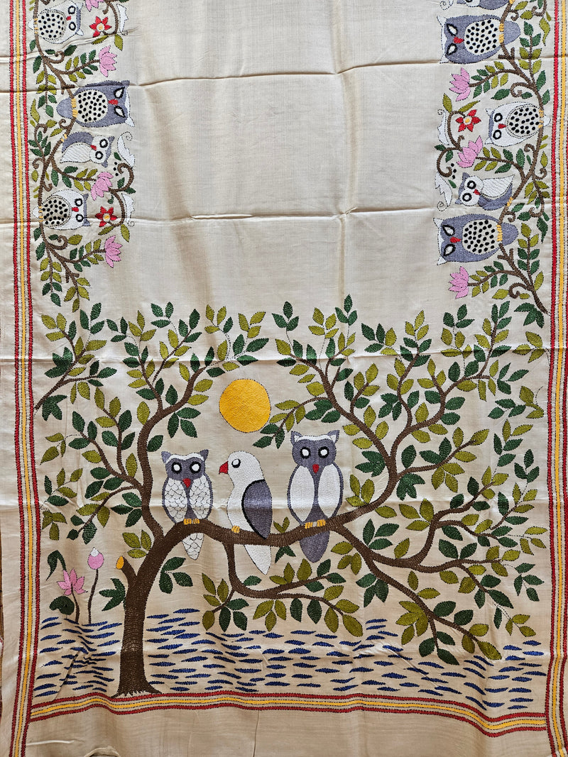 Nature's Artistry: Hand-Stitched Multicolor Owl on Kantha Tussar Silk Saree (handloom saree, silk saree, handloom silk saree, balaram saha online, silk sarees, balaram saha handloom saree store photos, balaram saha handloom saree store, silk handloom saree, bengal handloom sarees, pure silk, tussar silk saree, tussar silk)  https://balaramsaha.com/