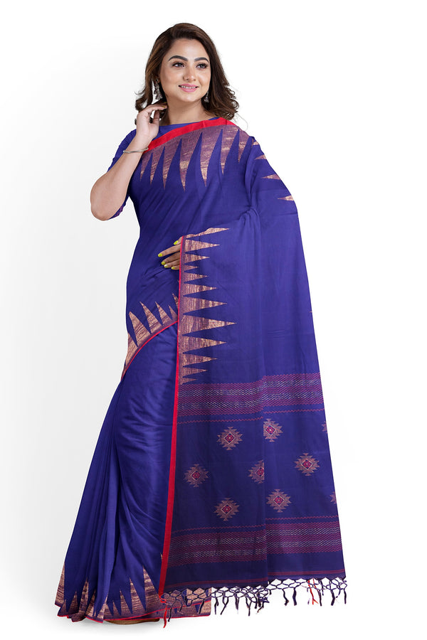 Navy-Blue & Red Handloom Premium Cotton Saree With Temple Border of Balaram Saha (handloom saree, cotton saree, handloom cotton saree, balaram saha online, handloom sarees, balaram saha handloom saree store photos, balaram saha handloom saree store, cotton handloom saree, bengal handloom sarees, pure cotton, cotton saree for women, cotton saree online)  https://medium.com/