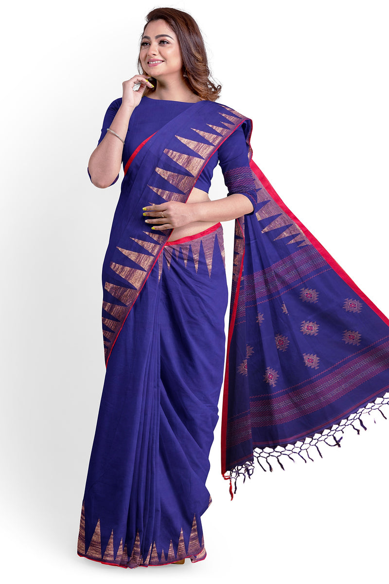 Navy-Blue & Red Handloom Premium Cotton Saree With Temple Border of Balaram Saha (handloom saree, cotton saree, handloom cotton saree, balaram saha online, handloom sarees, balaram saha handloom saree store photos, balaram saha handloom saree store, cotton handloom saree, bengal handloom sarees, pure cotton, cotton saree for women, cotton saree online)  https://vimeo.com/