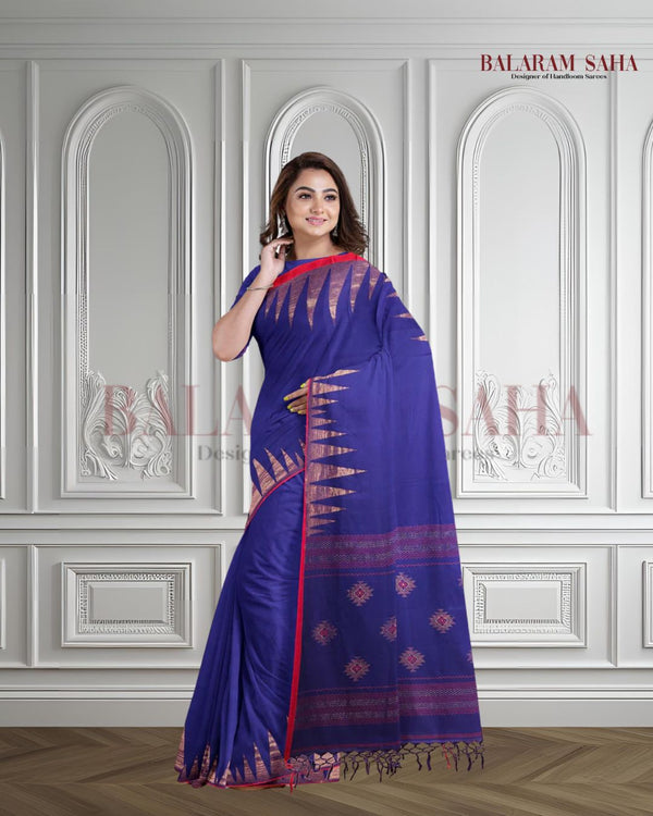 Navy-Blue & Red Handloom Premium Cotton Saree With Temple Border of Balaram Saha (handloom saree, cotton saree, handloom cotton saree, balaram saha online, handloom sarees, balaram saha handloom saree store photos, balaram saha handloom saree store, cotton handloom saree, bengal handloom sarees, pure cotton, cotton saree for women, cotton saree online)  https://medium.com/